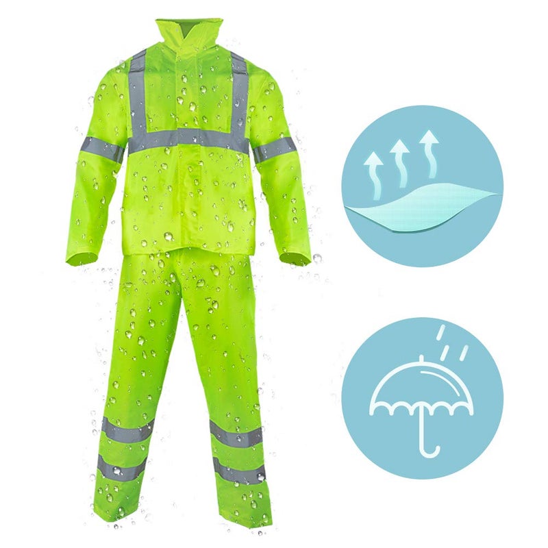FONIRRA Class 3 High Visibility Rain Suit With Collapsible Hood Lime Reflective Safety Waterproof Worker Jacket & Pants (L/XL Yellow) - Image 2